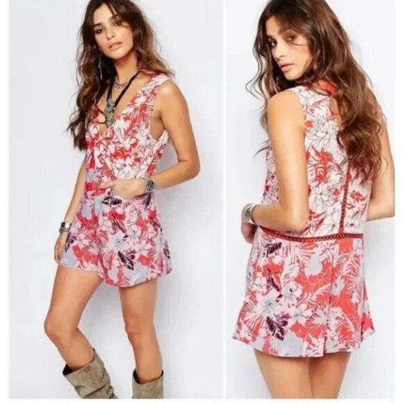 FREE PEOPLE Voile Santiago orange Boho Romper Floral Print Size Medium Women's - Picture 1 of 8